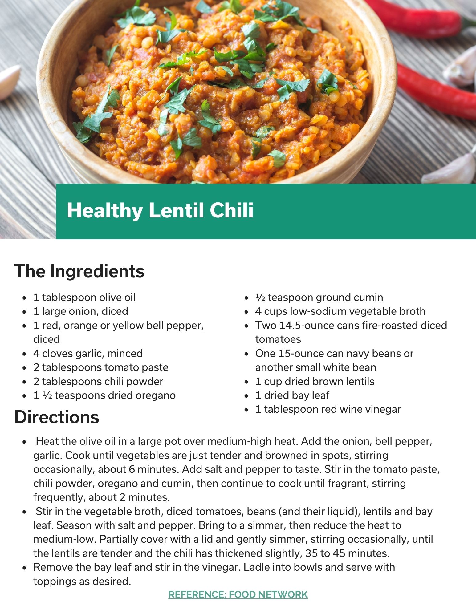 Healthy Lentil Chili Recipe Card