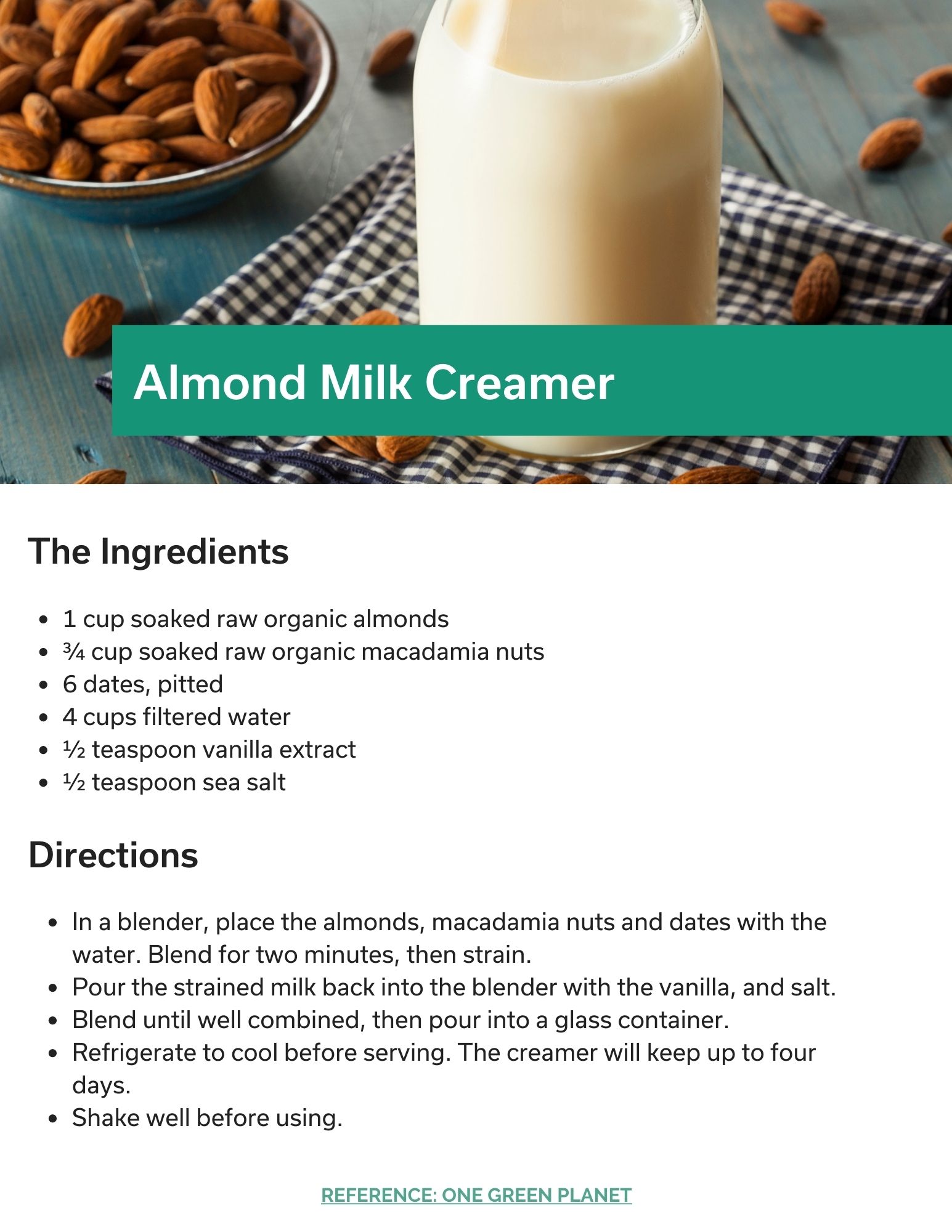 Almond Milk Creamer Recipe Card