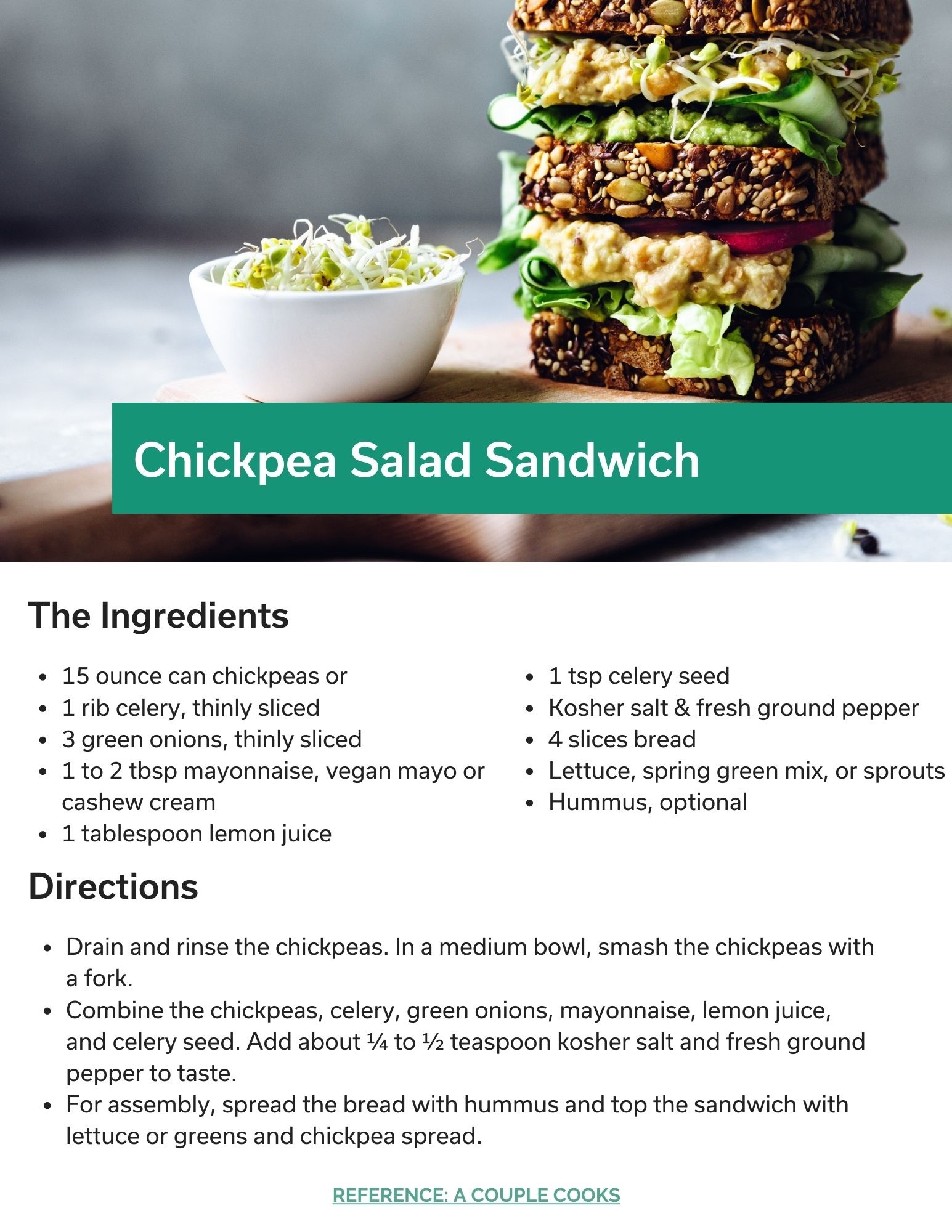 Chickpea Salad Sandwich Recipe Card