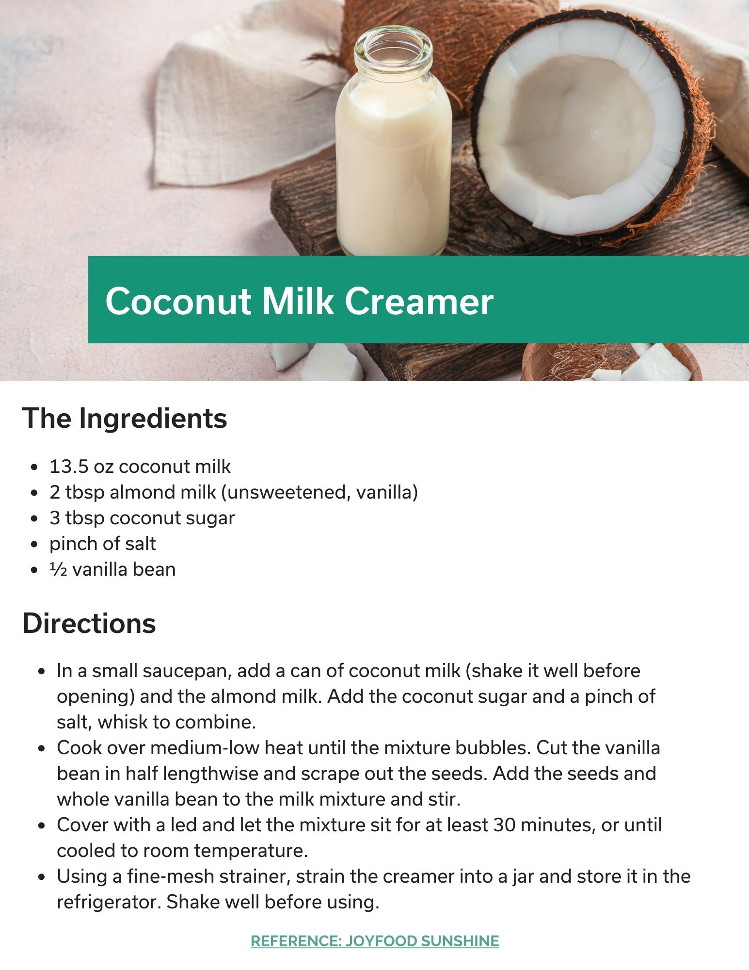 Coconut Creamer Recipe Card