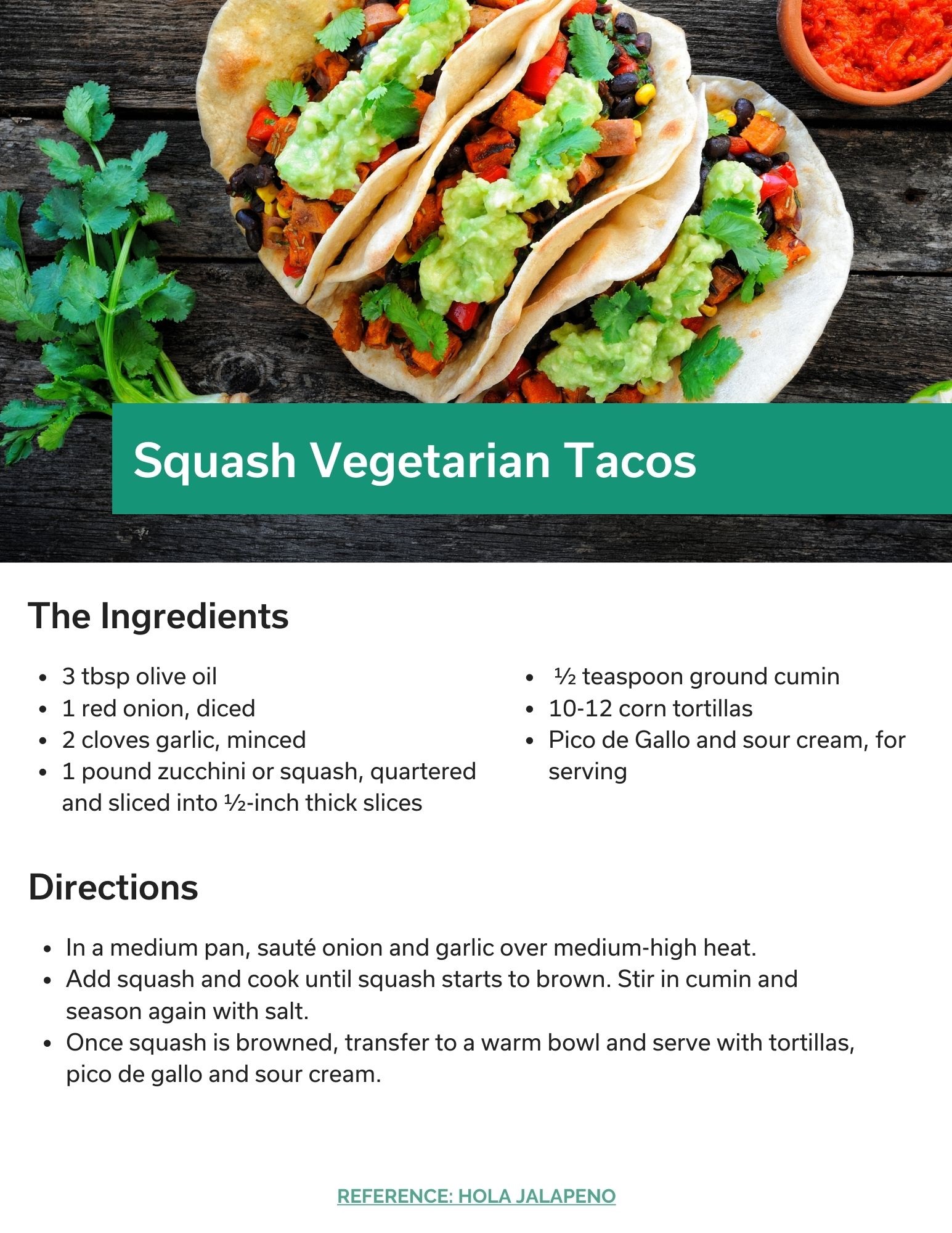 Squash Vegetarian Tacos Recipe Card