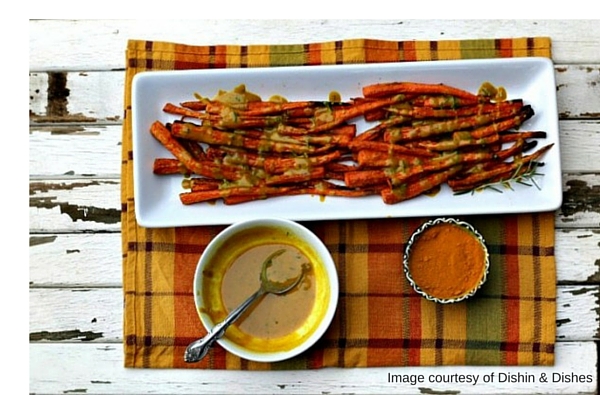 Roasted Carrots with Tahini Turmeric Dressing image courtesy of Dishin & Dishes